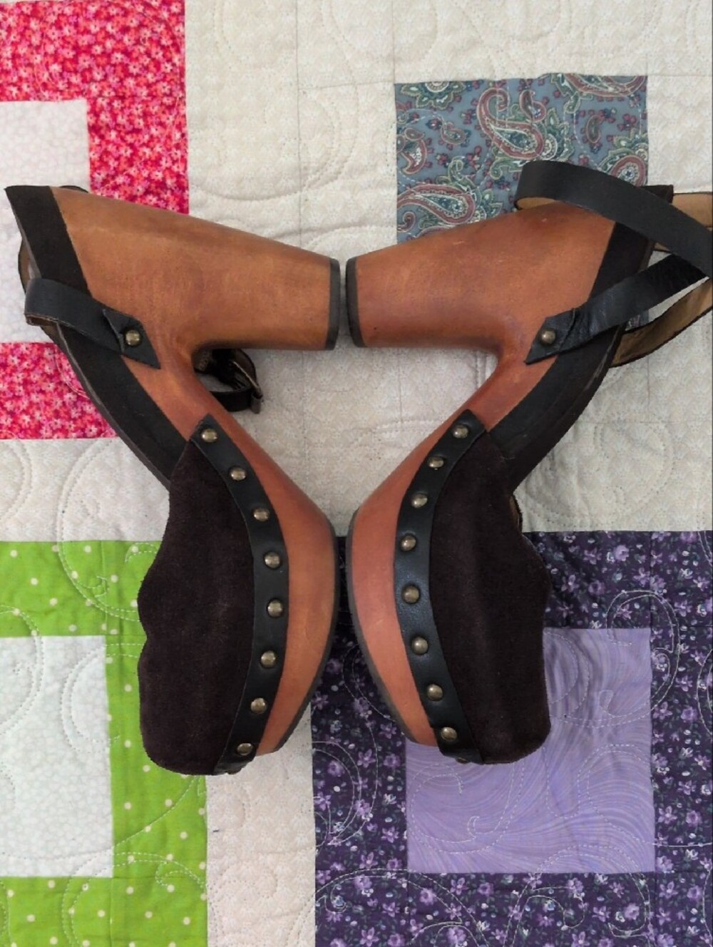 Studded Black Suede Platform Clogs with Tan Wood Heel - Picture 2 of 7